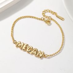 A charming name bracelet, featuring personalized bubble letters perfect for everyday wear or as a special gift!  Each bracelet is handcrafted with love and attention to detail, ensuring that your name or the name of a loved one shines brightly. KEY FEATURES: - Handcrafted with 316l stainless steel and 18k Gold plating. - Waterproof, Tarnish Free, Hypollergenic and everlasting. - Bracelet Size: 7" + 2" extension. - Beautiful packaging ready to be gifted. - Choose between Silver, Gold, and Rose Go 3d Bracelet, Alphabet Charm, Bubble Letter, Custom Bracelet, Bracelet Friendship, Letter Bracelet, Bubble Letters, 3d Letters, Letter Balloons