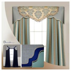 the curtains and valances are blue with gold trimmings, along with an image of