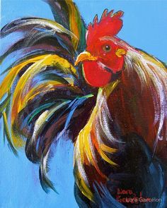 a painting of a rooster on a blue background