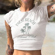 Retro Luxe Beach Bachelorette Logo Social Club Aesthetic Palm Trees Custom Bachelorette Party Shirts Summer Tops With Palm Tree Print For Day Out, Summer Palm Tree Print Tops For Day Out, Spring Vacation Crew Neck Crop Top, Trendy Summer Tops With Palm Tree Print, Tropical Tops For Vacation Day Out, Fitted Summer Vacation T-shirt, Fitted Crew Neck Tops For Beach Season, Tropical Fitted Top For Beach Party, Fitted Tropical Top For Beach Party