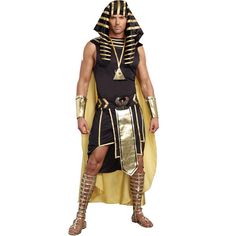 Be dazzling in this gold and black king's costume for adults. Look regal and alluring at your next costume party. This outfit comes with everything you need to instantly transform into royalty! Egyptian Headpiece, Egypt Costume, King Of Egypt, Egyptian Collar, Pharaoh Costume, Eye Of Horus Necklace, Costume Carnaval, King Costume, Egyptian Kings