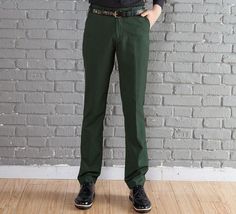 Gender: MaleItem Type: Suit PantsFront Style: FlatMaterial: Polyester, WoolPant Closure Type: Zipper FlyMain Fabric: 85% Wool, 15% PolyesterPattern: SolidStyle: FormalThickness: RegularVersion Type: Slim Fit ﻿SKU: 1396501 Formal Green Straight Leg Pants, Green Straight Leg Formal Pants, Formal Green Bottoms With Pockets, Green Formal Bottoms With Pockets, Formal Green Straight Pants, Casual Green Dress Pants For Office, Green Formal Dress Pants With Pockets, Green Casual Dress Pants For Office, Green Long Pants For Office