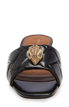 Quilted construction and a crystal-encrusted eagle head accent a chic leather sandal with a patent finish. Leather upper/synthetic lining and sole Imported London Kensington, Kensington London, Chic Leather, Eagle Head, Kurt Geiger, Sandal Women, Slide Sandals, Black Sandals, Leather Sandals