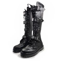 Our gloomy boots are a high quality 100% handmade product. Every single eyelet it's hand placed. This style is sewn and glued to the sole.  You can buy them with or without the straps and the color it's customizable. Gothic Lace-up Platform Boots For Cosplay, Leather Gothic Knee-high Combat Boots, Gothic Leather Lace-up Knee-high Boots, Gothic Knee-high Boots For Fall Alternative Fashion, Gothic Lace-up Boots For Concert, Gothic Leather Knee-high Boots, Gothic Leather Knee-high Boots For Alternative Fashion, Gothic Knee-high Combat Boots For Winter, Alternative Style Knee-high Lace-up Boots For Streetwear