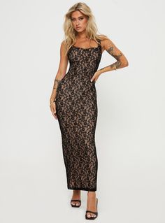 Lace maxi dress  Cowl plunging neckline, fixed shoulder straps, floral lace material, invisible zip fastening at side  Non-stretch, fully lined  100% nylon  Cold Machine wash Bali Outfits, Maxi Dress Black, Fleece Dress, Lace Material, Lace Sheath Dress, Outerwear Outfit, Black Lace Dress, Invisible Zip, Lace Maxi