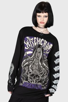 WITCHCRAFT SINS.- Soft, stretch cotton.- Statement, custom graphics on front and sleeves.- Long sleeves.- Crew neckline.- Relaxed.With KILLSTAR branding, Fabric 1: 100% Cotton Neck trim: 93% Viscose 7% Elastane.Machine wash cold (30°c) / Do not bleach / Do not tumble dry / Iron at low temperature / Do not dry clean. Imported. Fitted Band Merch Tops With Front Print, Alternative Crew Neck Tops With Front Print, Alternative Style Crew Neck Top With Front Print, Fall Crew Neck Top With Graphic Design, Fitted Long Sleeve T-shirt With Band Merch, Alternative Crew Neck Tops For Fall, Black Cotton Sweatshirt With Sublimation Print, Graphic Print Sweatshirt For Alternative Fashion In Fall, Alternative Style Crew Neck Tops For Fall