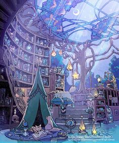 an illustration of a room with bookshelves and lights in the ceiling, surrounded by snow