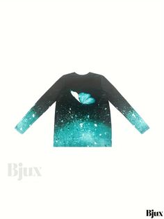 Bjux - Exquisite Butterfly Print Crew Neck T-Shirt: Elegant Long Sleeve Casual Top, Perfect for Spring & Fall - Womens Fashion Apparel Shiny Butterfly, Autumn Fashion Women, Casual Top, Fall Outfits Women, Butterfly Print, Long Sleeve Casual, Spring And Fall, Blue Sea, Casual Tops