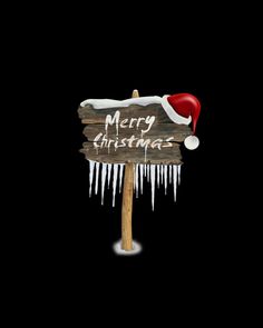 a wooden sign with santa's hat on it and icicles hanging from it