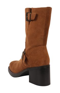 Add the edginess you crave to your ensemble with this leather boot brightened with polished buckles and lifted on a chunky block heel. 2 1/2" heel 7 3/4" shaft Cushioned footbed Leather upper/synthetic lining/rubber sole Imported Brown Wide Calf Heeled Boots With Buckle, Brown Wide Calf Heeled Boots With Buckle Closure, Brown Heeled Boots With Buckle For Work, Brown Heeled Boots With Buckle Closure, Brown Heeled Boots With Buckle Closure For Work, Brown Heeled Boots With Buckle For Fall, Brown Ankle Moto Boots With Buckle Closure, Brown Ankle Moto Boots With Buckle, Brown Moto Boots With Buckle Closure Medium Width