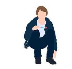 a person kneeling down with a toothbrush in their hand and wearing a blue jacket