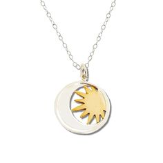 "Save 25% off your next purchase, sign up here: www.justjaynes.com/sign-up This sterling silver celestial pendant necklace features a crescent moon and a bronze sun. This sterling silver sun and moon charm is bright and shiny just like the silvery moon of the night sky and the golden afternoon sun. The bronze sun with its many rays and the sleek crescent moon nestle together in a silver frame, making a delightful couple. LISTING IS FOR: - One sterling silver/bronze charm/pendant necklace ------- Golden Afternoon, Lunar Jewelry, Celestial Pendant, Sun And Moon Necklace, Frame Making, Moon And Sun, Afternoon Sun, Sun Pendant, Celestial Necklace