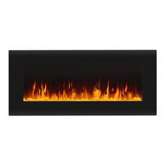 an electric fireplace with flames on the side and black frame, in front of a white background