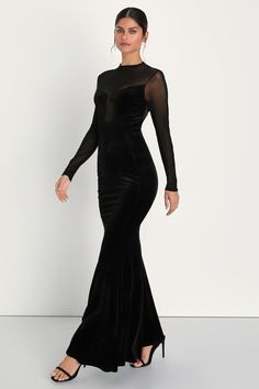 Everyone will be talking about your captivating look in the Lulus Alluring Fixation Black Velvet Mesh Long Sleeve Maxi Dress! This irresistible dress features a sheer mesh dÃ©colletage that rises to a mock-style neckline, shapes long fitted sleeves, and creates a U-shaped insert at the center of the plush velvet bodice. A matching velvet mermaid skirt flatters your curves just right as it falls to a dramatic maxi hem. Sheer mesh V-back completes the sultry look! Hidden back zipper/clasp. Fit: Th Neckline Shapes, Sleeves Black Dress, Holiday Dresses Women, Black Mesh Dress, Velvet Maxi Dress, Black Dress With Sleeves, Lulu Fashion, Fitted Sleeves, Eve Dresses