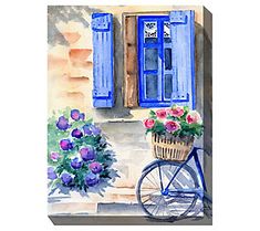 a painting of a bicycle and flowers in front of a window with blue shutters