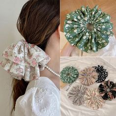 several different types of hair accessories on top of a white shirt and in front of a woman's head