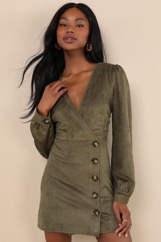 The Lulus Chicest Aura Olive Green Suede Surplice Long Sleeve Mini Dress will become your signature way to look stylish all fall long! Soft faux suede shapes this sweet dress that features a flirty surplice neckline and long sleeves with gathering at the shoulders and button cuffs. The wrap silhouette boasts a fitted waist (that secures with an internal button closure) and an A-line mini skirt with a functional button placket along the side. Fit: This garment fits true to size. Length: Mid-thigh. Size medium measures 33" from shoulder to hem. Bust: Great for any cup size. Waist: Fitted - very fitted at natural waist. Hip: Fitted - stretchy fabric allows room for hips. Undergarments: May be worn with any standard bra. Fabric: Fabric is very stretchy. Lined. Shell: 92% Polyester, 8% Spandex. Suede Mini Dress, A Line Mini Skirt, Green Mini Dress, Green Suede, Long Sleeve Mini, Sweet Dress, Mini Wrap Dress, Large Size Dresses, Long Sleeve Mini Dress