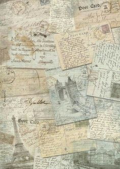 an old wall covered in postcards and letters