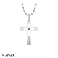 The perfect sentimental gift, this modern cross necklace is personalizable with a birthstone and an engraving. This sterling silver cut-out pendant features a four prong-set gemstone at its center, giving the illusion of a floating stone. This pendant sits on a 22” sterling silver ball chain or your choice of four stainless steel chain options. Stainless Steel Cross Pendant Jewelry For Anniversary, Personalized White Gold Cross Pendant, Modern Sterling Silver Cross Pendant, Modern Sterling Silver Cross Pendant Jewelry, Modern Crucifix Cross Necklace As Gift, Elegant Cross Pendant Jewelry For Memorial, Birthstone Cross Pendant Jewelry For Anniversary, Anniversary Cross Pendant Jewelry With Polished Finish, Anniversary Jewelry Cross Pendant With Polished Finish