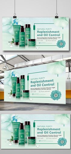 three banners with the words, natural products and oil control on them