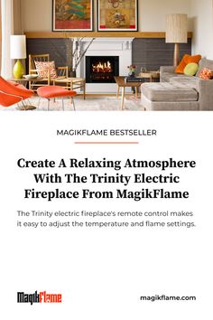 an electric fireplace warms up the living room in this ad for fireplace