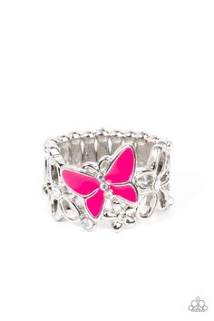 Glassy white and iridescent rhinestones are sprinkled across a band of airy silver flowers and a shiny Fuchsia Fedora butterfly, invoking a whimsical fashion atop the finger. Features a stretchy band for a flexible fit. Sold as one individual ring. Silver Flower Ring, Butterfly Ring, Whimsical Fashion, White Butterfly, Bling Rings, Chic Jewelry, Pink Ring