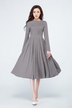 Chifon Dress, Pleated Dress Long, Long Sleeves Dress, Linen Dress Women, Long Linen Dress, Dress Pleated, Dress Linen, Grey Dress, Sleeves Dress