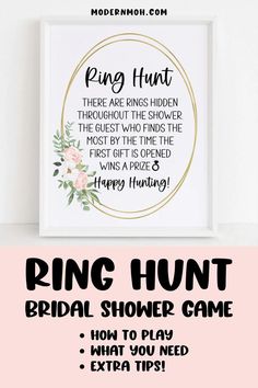 Looking for a new way to entertain guests at your bridal shower party? The bridal shower ring hunt is a great activity! This bridal shower game will have everyone searching for hidden rings while celebrating the bride-to-be. Discover how to play and get free printables to make it extra easy to set up. Here's your ultimate guide to the ring hunt game, also called the hidden rings bridal shower game! | Bridal Shower Activities Ring Hunt Game, Funny Ice Breakers, Shower Rings, Ring Game