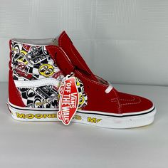 Vans X Mooneyes Sk8-Hi Formula One Red/White Sneakers Size Men 7.5 Wm 9 Custom High-top Vans Sneakers With Rubber Sole, Vans Custom High-top Sneakers With Laces, Retro Red Custom Sneakers For Streetwear, Vans Custom Sneakers With Laces And Round Toe, Vans Custom Sneakers, Retro High-top Vans Sneakers, Custom Low-top Sneakers With Red Sole For Skateboarding, Custom Red Sole Lace-up Sneakers For Skateboarding, Custom Lace-up Sneakers For Skateboarding With Red Sole