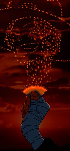 an animated image of a person pointing at the sky with firework in the background