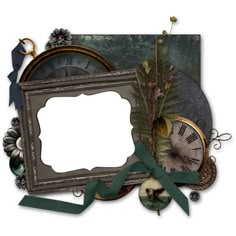 an old fashioned photo frame with a clock and flowers on the front, along with green ribbon