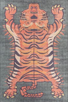 an orange and black rug with a large tiger on it's back paws in the air