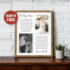 Mother of the Bride Gift from Daughter Wedding photo gift for Mom Parents wedding gift from bridge Then and Now photo On my wedding day ✔️ Free Shipping. ✔️ Made of high-quality, eco-friendly material. ✔️ Meaningful Wedding Gift, Anniversary Gift,... 🎁 Discover more wedding gifts here: https://www.etsy.com/shop/BestGiftStoreVN?ref=seller-platform-mcnav&section_id=41791962 --------------------------------------- --------------------------------------- 🛍️  HOW TO ORDER: 1. Choose your style. 2. Choose size. 3. In the personalization field, enter: ▶Frame color you want (F1, F2, F3); (Skip if you choose to purchase a wrapped canvas or digital.) ▶Choose backround (B1,...B6) ▶Your Name 4. Complete your order. 5. SEND YOUR PHOTOS VIA ETSY MESSAGE. --------------------------------------- ------- Emotional Gifts, Wedding Photo Gift, Then And Now Photos, Wedding Gifts For Parents, Mother Of The Bride Gift, Parents Wedding, My Wedding Day, Show Me The Way, Bride Gift