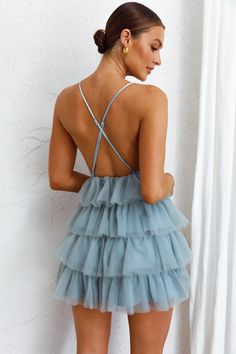 Shop the Auguste Tiered Frill Mini Dress Blue | Selfie Leslie Spring Dresses Semi Formal, Selfie Leslie Dresses, Wedding Guest Dress Short, Blue Selfie, Grad Outfits, Frill Mini Dress, Selfie Leslie, Mini Dress Blue, Blue Party Dress