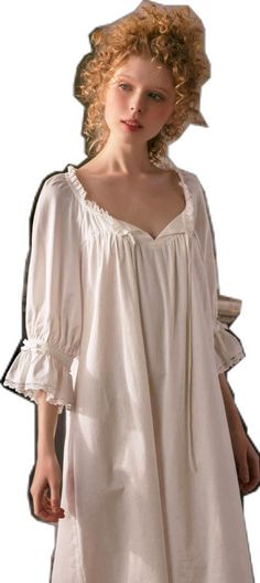 Cottagecore White Nightgown For Home, White Cottagecore Nightgown For Home, White Cottagecore Nightgown, Cotton V-neck Nightgown For Sleepover, Cotton V-neck Nightgown For Bedtime, Spring V-neck Nightgown For Home, Cottagecore Nightgown With Lace Trim For Loungewear, Cottagecore Lace Trim Nightgown For Loungewear, Summer Long Sleeve Sleep Nightgown