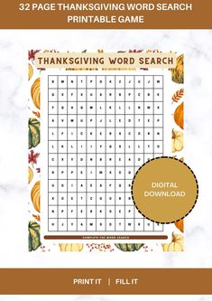 the thanksgiving word search is shown with an image of pumpkins and leaves