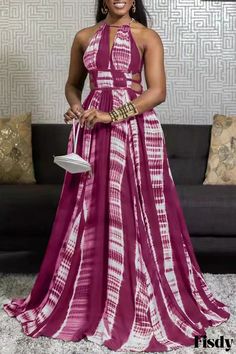 Fisdy - Elegantes y seductores vestidos en forma de A sin espalda y con parches ahuecados con llamativos estampados de colores Vestidos Halter, Burgundy Fashion, Halter Neck Maxi Dress, Halter Neck Dress, Dress Sleeve Styles, Tie Dye Maxi Dresses, Tie Dye Maxi, Perfect Prom Dress, Dresses Fashion