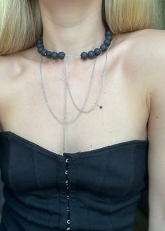 "A big bold chunky necklace made of lava stones, stainless steel chains and bar.  Necklace length: 36 cm (14\") + 5cm (2\") chain extension.  Bar drop lenght 15,5 cm or 6\". Great gift idea for women (wife, girlfriend, mom, sister...). All our jewelry are wrapped in our original packaging ready to be presented. Material of chains, closure, bar - Stainless steel does not change color, does not cause allergic reactions, does not rust or corrode, does not tarnish, stain or fade, does not turn your Adjustable Stainless Steel Chain Choker Necklace, Adjustable Stainless Steel Choker Chain Necklace, Adjustable Stainless Steel Chain Choker, Adjustable Stainless Steel Choker With Clavicle Chain, Adjustable Stainless Steel Clavicle Chain Choker, Edgy Choker With Adjustable Chain As Gift, Edgy Choker With Adjustable Chain For Gifts, Edgy Adjustable Chain Choker Gift, Edgy Adjustable Stainless Steel Necklace