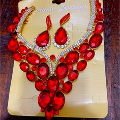 Necklace With Pair Of Earrings New Red Jewelry For Valentine's Day Party, Red Valentine's Party Jewelry, Red Ruby Jewelry Sets For Party, Red Ruby Jewelry Sets With Matching Earrings, Red Teardrop Necklace For Party, Red Color, Lady In Red, Crystal Necklace, Womens Jewelry Necklace