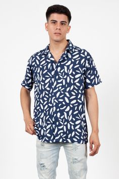 Navy & White Pattern Woven Short-Sleeve Button Up Summer Beach Short Sleeve Shirt With Button Closure, Casual Short Sleeve Shirt With Buttons For Beach, Casual Short Sleeve Button Shirt For Beach, Summer Vacation Short Sleeve Shirt With Button Closure, Button Closure Short Sleeve Shirt For Summer Vacation, Summer Vacation Short Sleeve Shirt With Buttons, Casual Buttoned Camp Shirt For Beach, Summer Short Sleeve Shirt With Button Closure For Beach, Blue Short Sleeve Shirt With Button Closure For Summer