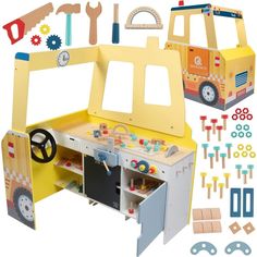 a toy workbench with tools and accessories for children to play in on the table