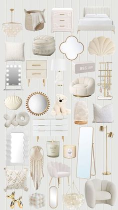 a collage of white and gold items on a wall with text overlaying the image