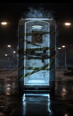 a lighted suitcase sitting in the middle of a parking lot