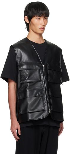 Regenerated buffed leather-blend vest. · Y-neck · Two-way zip closure · Flap pockets at front and back · Welt pockets at interior · Full satin lining Supplier color: Black Leather Vest, Welt Pockets, Luxury Streetwear, Flap Pocket, Welt Pocket, Top Brands, Perfect Clothing, Street Wear, Satin