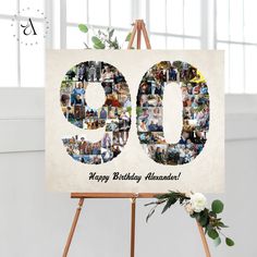 a 50th birthday photo collage is displayed on an easel