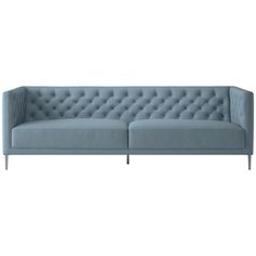 a blue couch with metal legs and buttons on the back, in front of a white background