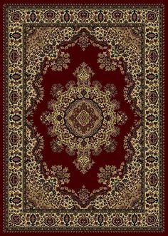 a red rug with an ornate design on it