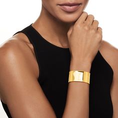 Ross-Simons - Italian 14kt Yellow Gold Wide Cuff Bracelet. 8". A minimalist design. A substantial silhouette. A phenomenal shine. This 1 1/8" cuff bracelet was crafted in Italy from brightly polished 14kt yellow gold. Flexible fit. Slip-on, 14kt yellow gold cuff bracelet. Gold Modern Cuff Bracelet For Formal Occasions, Modern Gold Cuff Bracelet For Formal Occasions, Modern Yellow Gold Cuff Bracelet With Shiny Finish, Modern Yellow Gold Polished Cuff Bracelet, Modern Shiny Yellow Gold Cuff Bracelet, Modern Shiny Cuff Bangle Bracelet, Modern Yellow Gold Wide Band Bracelet, Modern Gold Wide Band Cuff Bracelet, Modern Gold Cuff Bracelet With Wide Band