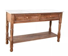 a wooden table with two drawers on one side and a marble top on the other