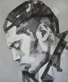 a black and white drawing of a man's face with many lines on it